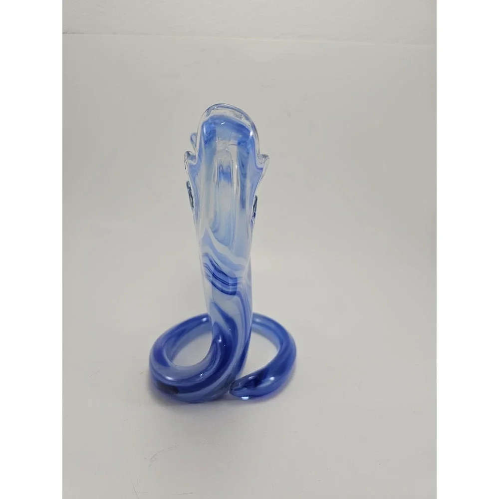 Art Glass Vase Swirled Blue and White Trumpet Decorative Coiled Base 7.25in